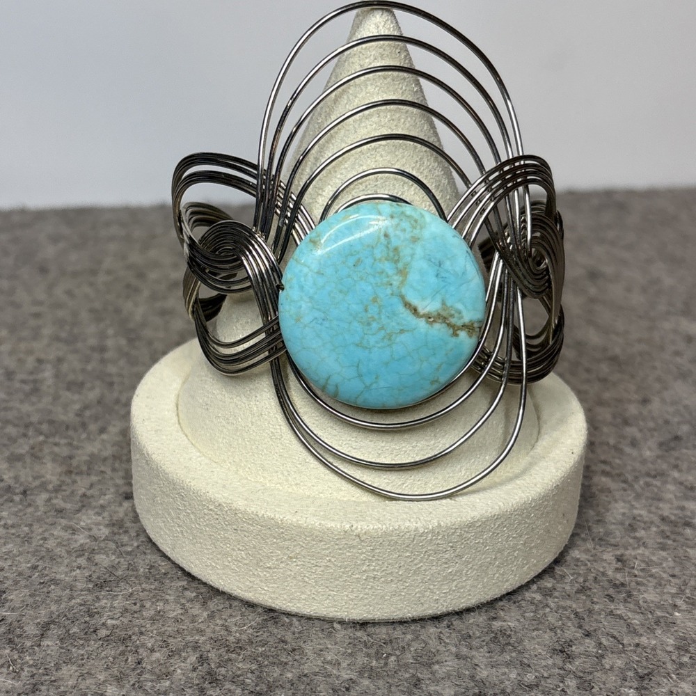 Handcrafted Wire Twist Silver Cuff Bracelet with Faux Turquoise Stone Center